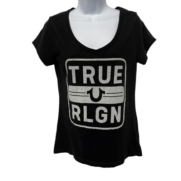 True Religion Rhinestone Bling Diamond Logo Short Sleeve V-Neck T-Shirt Top Y2K - Picture 1 of 6